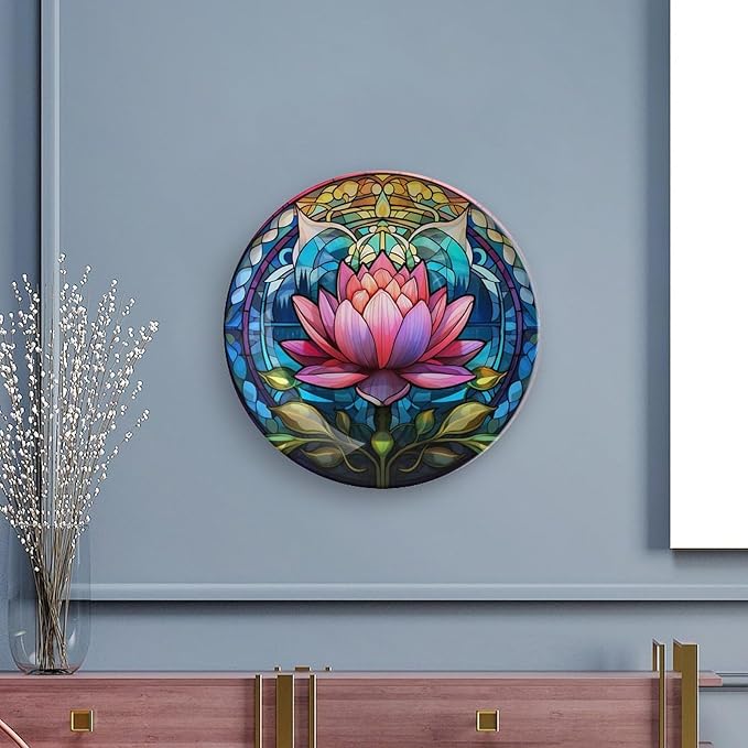 Boho Water Lily Stained Glass Print Decorative Plates Home Decor Ceramic Plates, Dinner Plates Display for Living Room, Kitchen, Hallway Console Side Table, Presents for Lotus Lover, 7 Inch