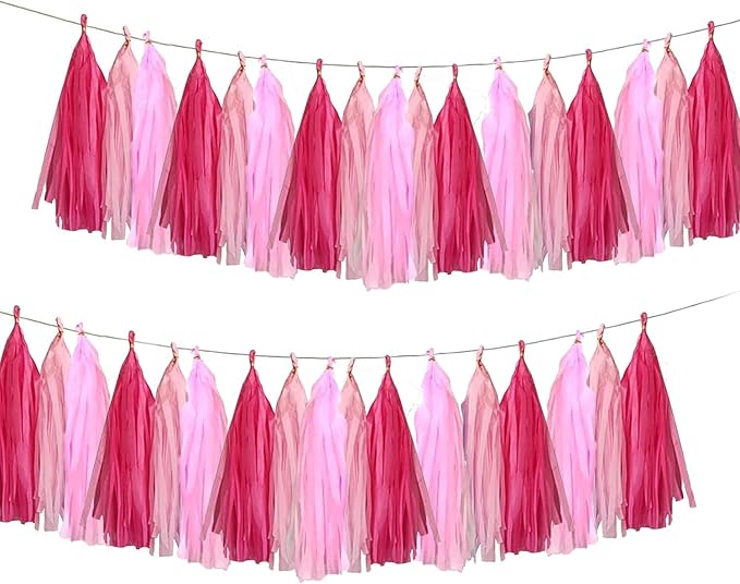 Hot Pink Party Decorations,15 Pcs Pink Paper Tissue Tassel Garland Banner for Baby Shower Wedding Valentine's Day Engagement Birthday Party Decorations