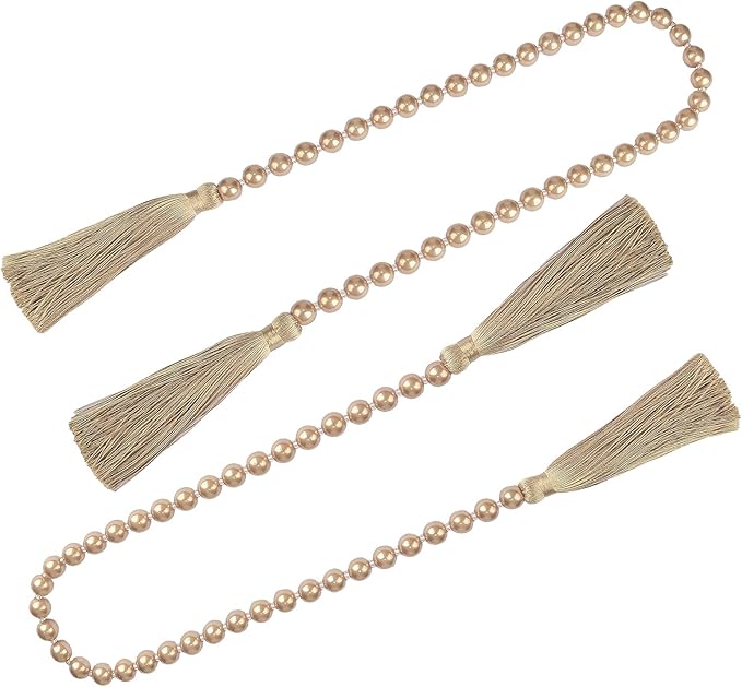 34 Inch Pearl Glass Bead Garland with Tassels - Elegant Boho Table Decor, Fringe Wall Hanging for Wedding, Party, Farmhouse Rustic Prayer Bead Home Decoration(2 Pack,Champagne Gold)