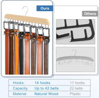Belt Hanger for Closet Max 42 Belts, Sturdy Wood Belts Rack Closet Accessories with 14 Hooks Belt Organizer for Men Organizers and Storage -Wood 1 Pack