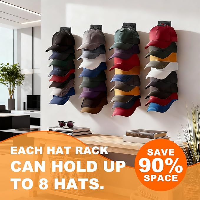 2 Pack Hat Organizer for Baseball Caps, Hat Rack for Wall, Strong Adhesive & Screw-in Cap Holder Hats Hangers for Closet Door & Bedroom
