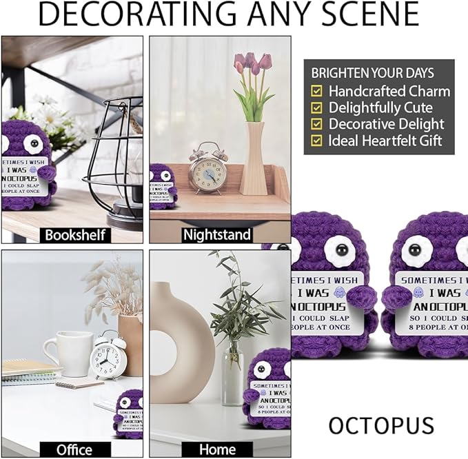 Mini Octopus Emotional Support Crochet with Funny Card, Birthday Gifts for Friends Besties Colleague Purple Octopus Home Office Desk Decor