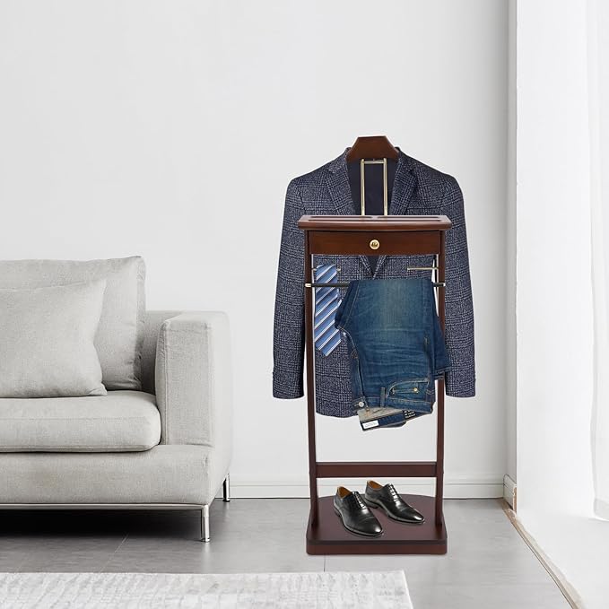 Wooden Freestanding Clothes Stand with Sturdy Base, Multi-functional Suit Valet Stand, Coat Rack with Top Drawer, Tie Hangers, and Storage Compartments for Office, Bedroom, Living Room (Walnut Color)
