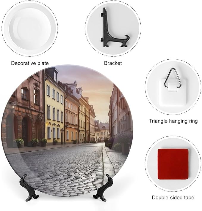 Poland's Historic Center Street Bone China Decorative Plate for Home Decor, Round Ceramic Decorative Dish with Stand Hook, Wall Hanging Ornament Plates for Office, Porcelain Plates 6inch