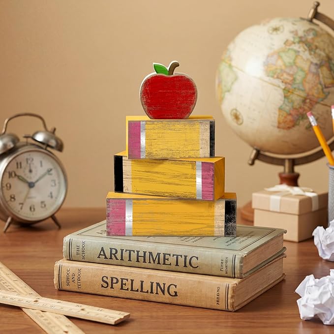 Lineshading 4 Pcs Back to School Table Decorations Retro Red Apples Decor Back to School Tiered Tray Decor Apple Centerpieces Rustic Wood Pencil Block Stack Sign Farmhouse Gifts for Home Shelf Mantel