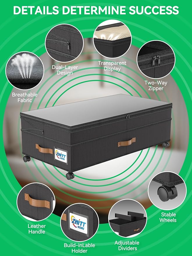 Under Bed Storage with Wheels, 2-Pack 72L XXXL Scalable Under Bed Storage Containers with Transparent Lids, Underbed Storage Organizer Rolling Bins for Shoes Clothes Sheet - Expandable Max