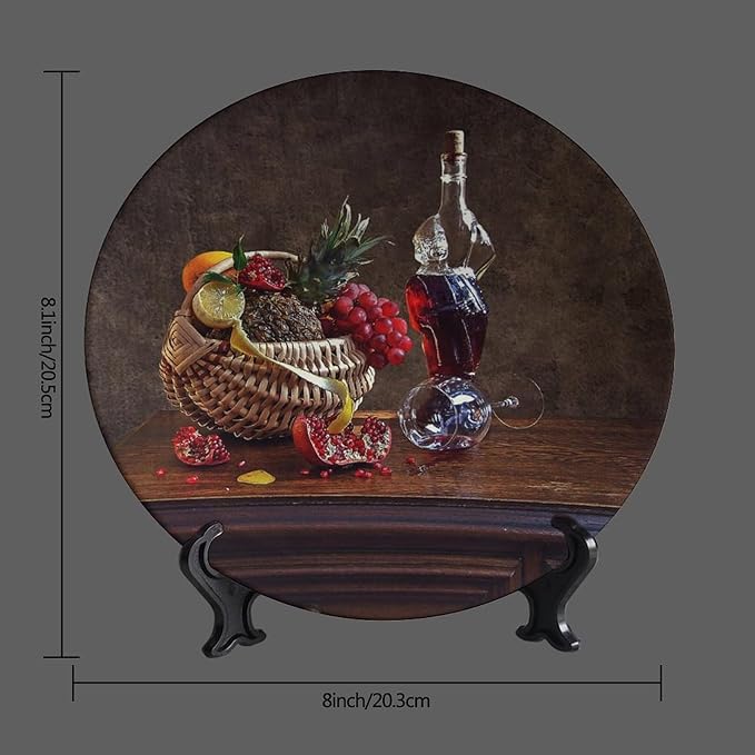 WineDecorative Plate Stand, 8 Inch, Overturned Wine Glass and Pomegranate Round Display Plate, Table Top Plate Decor with Stand, for Display Living Room Kitchen Closet Table Decor