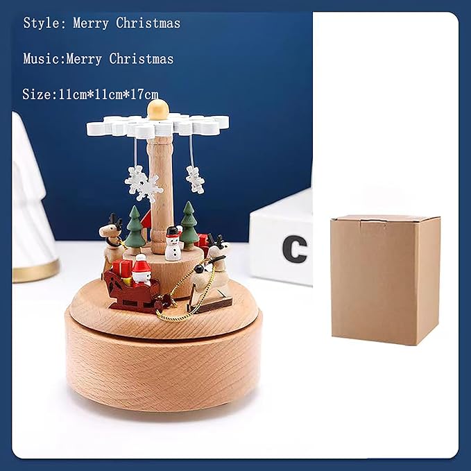Natural Solid Wood Handcrafted Beech Wooden, Musical FigureTotoro/Carousel/Fairy/Ballerina Figurine,Rotating Hand Crank Mechanism Music Box,Musical Decorations (Merry Christmas)