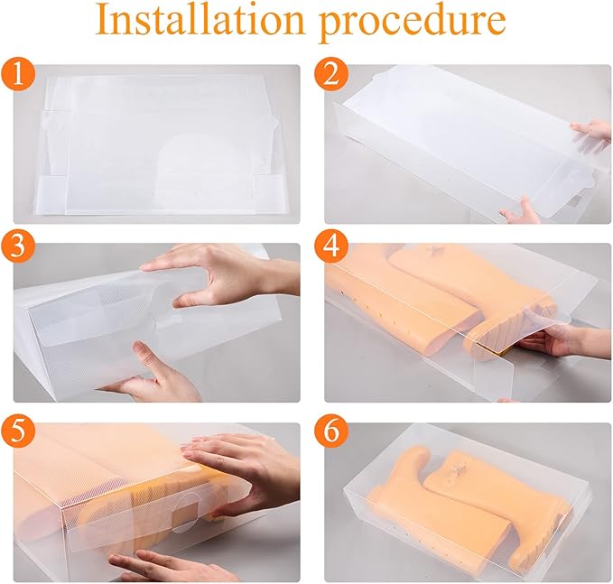 Shihanee 12 Pcs Boot Box Clear Plastic Stackable Shoe Storage Organizer Foldable Heavy Duty Shoe Containers for Closet Small Spaces Dorm Bedroom Apartments, 20.5 x 12 x 4.3 Inches