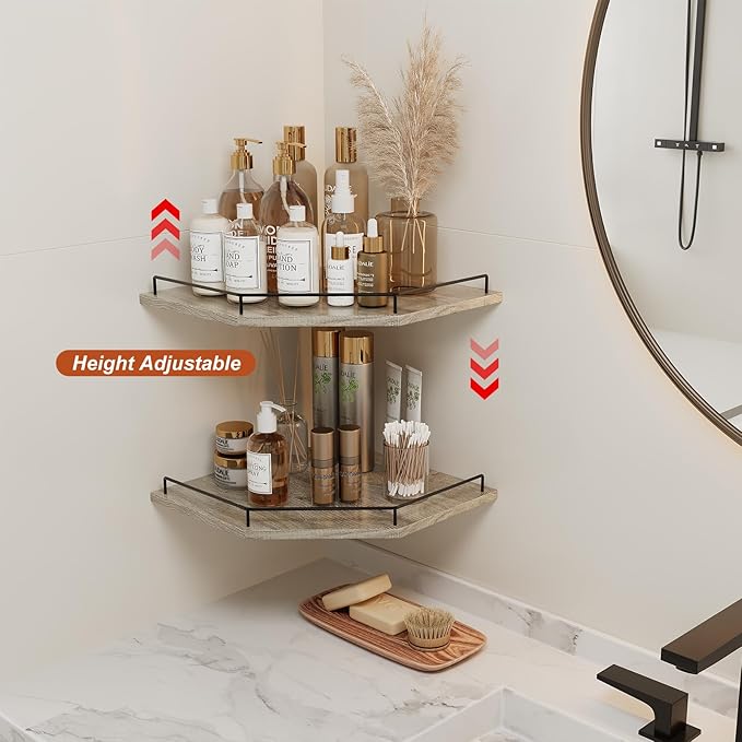 JJL Corner Shelf Wall Mounted, 12 Inches 2-Tier Floating Corner Shelf, Hexagon Rustic Wood Decor with Fence, Gray Wood Grain Wall Shelves for Apartment Bedroom Kitchen Bathroom