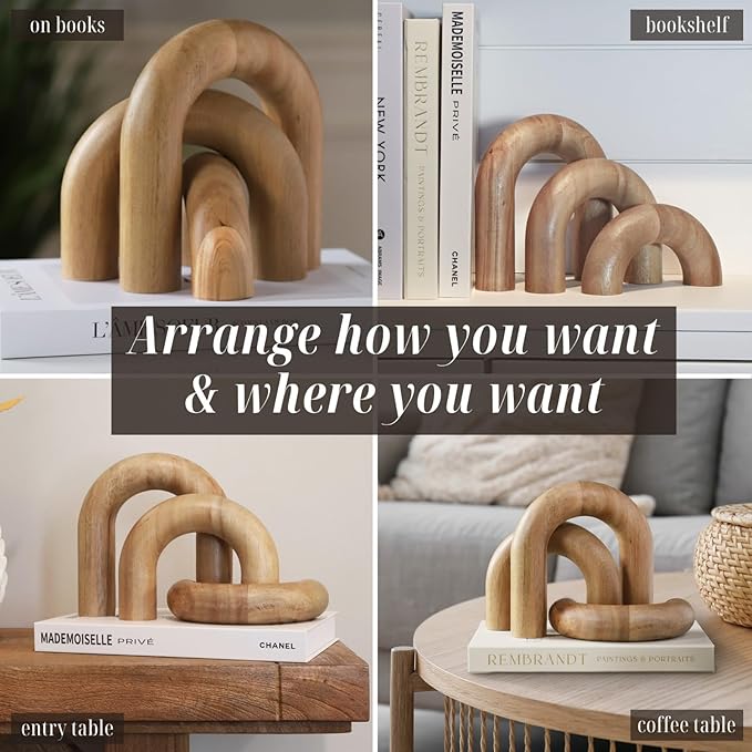 Wooden Arch Decor Set of 3 - Shelf Decor Aesthetic for Coffee Tables, Bookshelves, & Entryways - Acacia Wood Japandi Home Decor Accents - Modern Decorative Objects