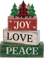 Lineshading 4 Pcs Christmas Table Decor Christmas Tree Centerpiece Joy Peace Love Sign Rustic Decorative Tree Block Signs Gift Winter Tiered Tray Decor Farmhouse for Home Xmas Party Kitchen Shelf