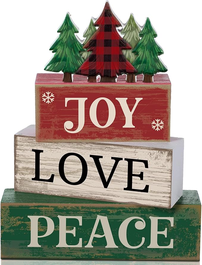 Lineshading 4 Pcs Christmas Table Decor Christmas Tree Centerpiece Joy Peace Love Sign Rustic Decorative Tree Block Signs Gift Winter Tiered Tray Decor Farmhouse for Home Xmas Party Kitchen Shelf