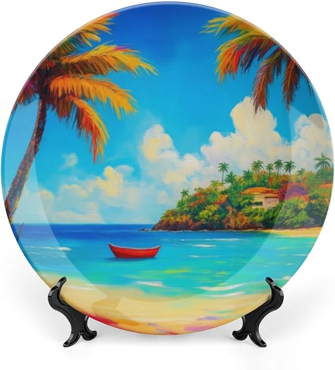 Coconut Trees Theme Decorative Ceramic Plate Round Porcelain Plate,6 inch,Beach Pattern,for Decorative Ornaments Giving Plates,1 Plate with 1 Display Stand,Blue Green