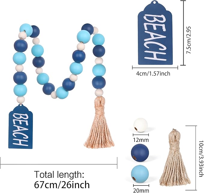 Meplait Wood Bead Garland, Coastal Tassel Garland with Beach Tag Boho Farmhouse Decor for Tiered Tray Table Centerpiece Wall Home Decoration