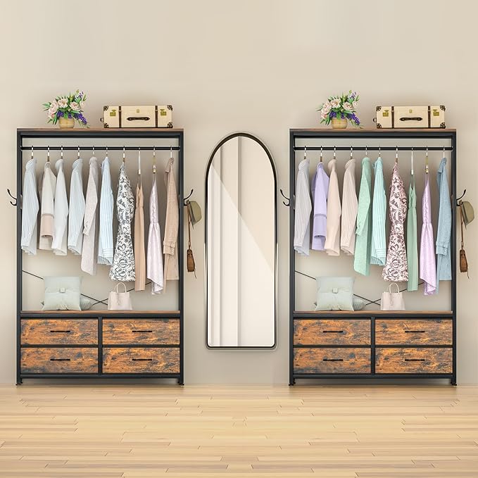 Freestanding Clothes Rack, Garment Holder for Hanging, Heavy Duty Closet Organizer with 4 Drawers, 4 Hooks and Shelves, Wardrobe Storage for Bedroom, Living Room