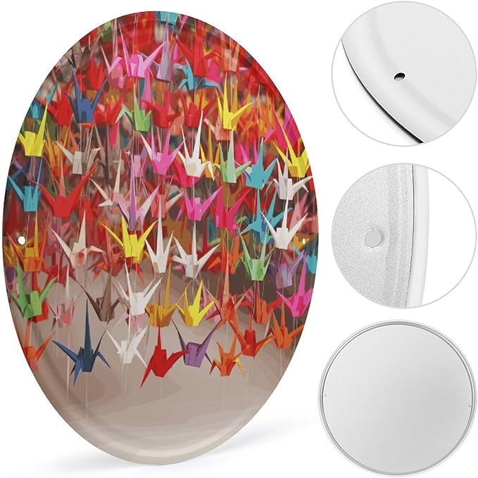 Wall Picture, with Origami Paper Cranes Printed Circular Iron Hanging Picture,Wall Art Decor,Home for Bedroom Living Room Bathroom Decor,Iron Painting 11.8X11.8 in