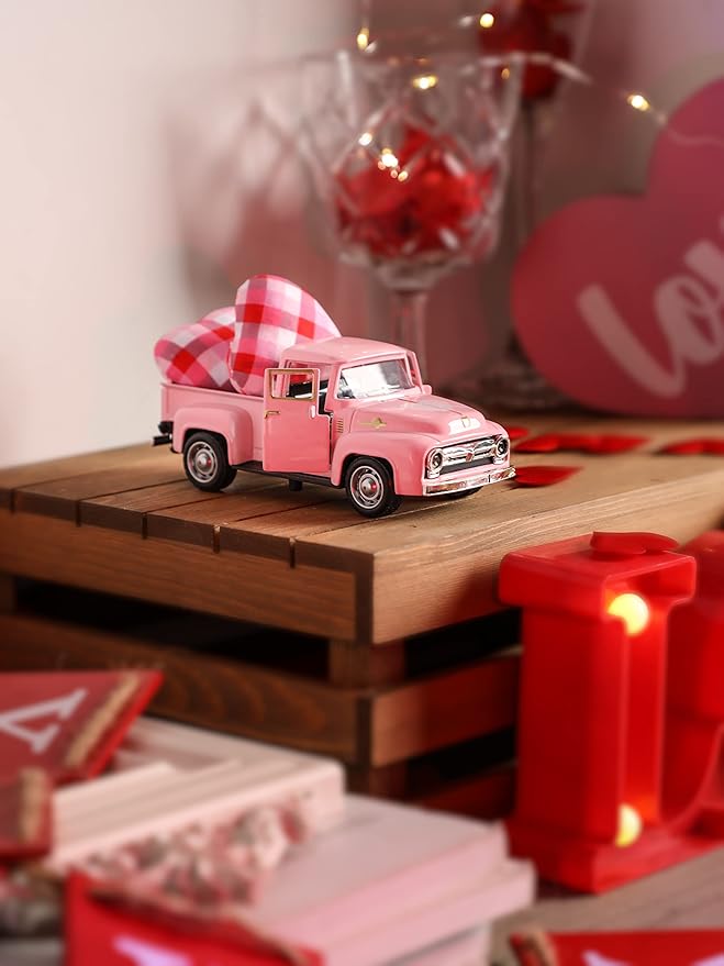 Valentine’s Day Metal Farm Truck with 2 Hearts, Valentines Decorations Vintage Love Romantic Tiered Tray Decor Mini Diecast Pickup Truck Model for Tabletop Shelf Table Décor 4.8inch