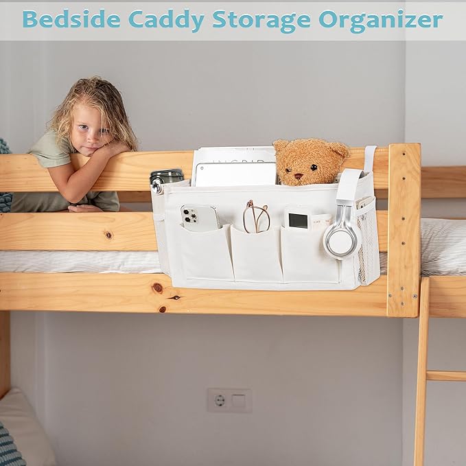 Loghot Bedside Caddy/Bedside Storage Bag Hanging Organizer for Bunk and Hospital Beds,Dorm Rooms Bed Rails,Can be Placed Glasses,Books,Mobile Phones,Keys (New White)