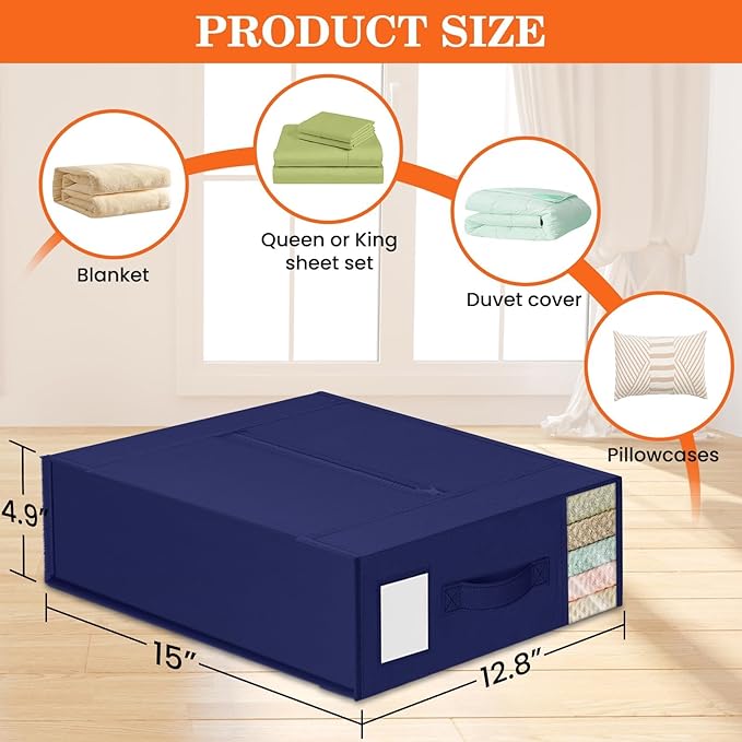 WOWBOX Sheet Organizers and Storage,Closet Bed Sheet Organizer Under Bed Storage and Organization with Label Cards & Clear Window for Bedding Sheets,Duvet Covers,Blankets (10 Pack，Blue)
