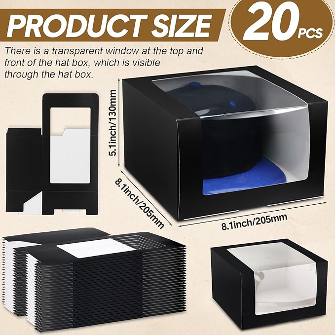 20 Pcs Hat Boxes for Men Black Gift Boxes with Window Display Box for Hat Storage Container for Baseball Caps, Dad Hat, Billed Cap, Snapbacks, Paper Fold Box Packing Box 8.1 x 8.1 x 5.1