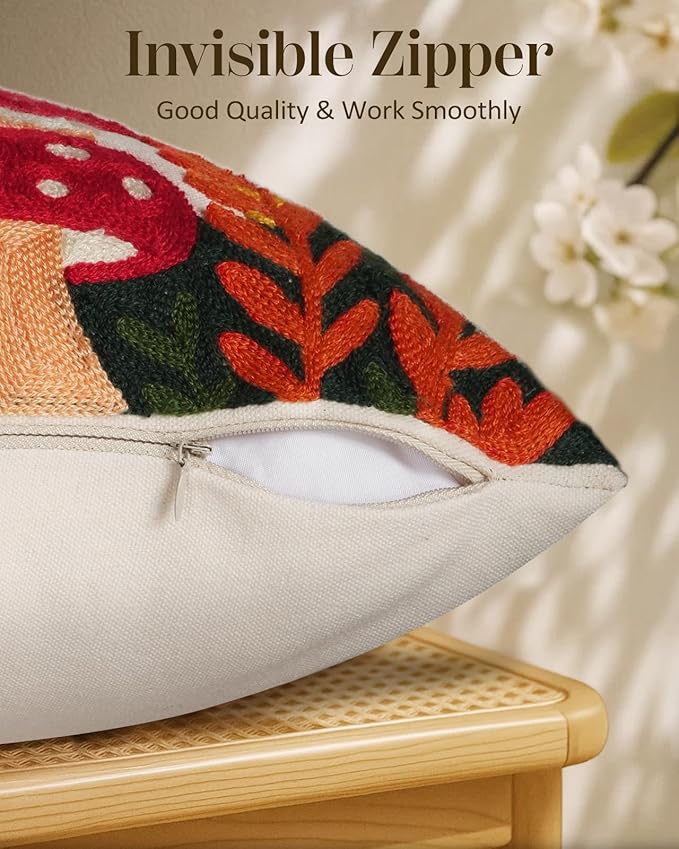 Embroidered Throw Pillow Cover 20x20 Inch - Spring Summer Boho Decorative Pillow Cover with Zipper for Living Room Couch Sofa Bed Aesthetic Design Mushroom Moon Cushion Pillowcase