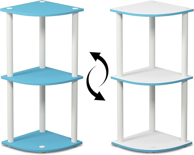 Furinno TURN-N-TUBE Corner Shelf, 3-Tier Corner Bookshelf, Display Storage Shelves with Open Shelves, for Organization and Storage, Living Room, Home Office, Garage, Light Blue