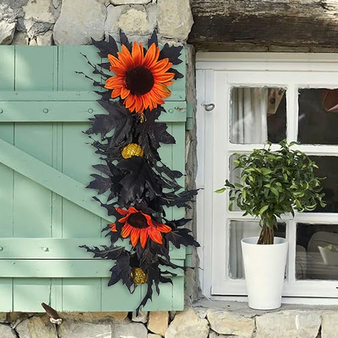 Artificial Rose Flower Swag,Artificial Sunflower Swag, 24 Inch Decorative Swag with Pumpkins Berries and Black Leaves for Halloween Home Front Door Lintel Wedding Arch Party Tabletop Wall Decor(#1)