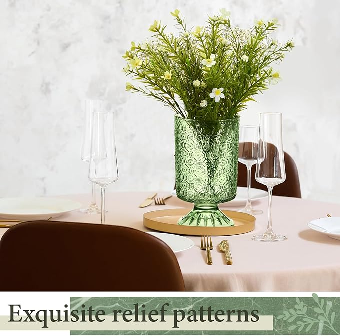 6 Pcs (H:7" W:4") Embossed Flower Vase Pedestal Glass Vase Big Base Thickened Crystal Vintage Vases for Valentines Day Wedding Home Decor Table Centerpiece House Warming Gifts(Green)