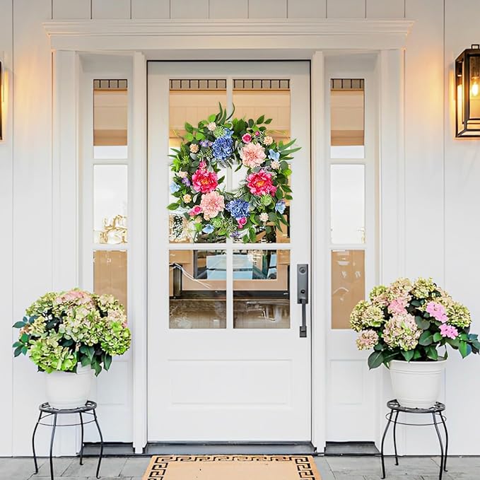 24 Inch Spring Wreaths for Front Door, Artificial Front Door Wreath with Daisy Peony Hydrangea Eucalyptus Green Leaves, Outside Floral Wreath for Home Porch, Home Decor for Indoor Outdoor Window Wall