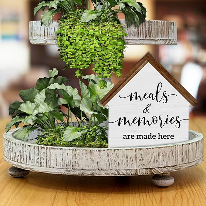 Farmhouse Kitchen Decor, Meals and Memories are Made Here House Shaped Wooden Block Sign, Rustic Dining Room Kitchen Decor for Desk Table Shelf