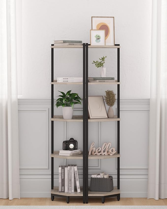 Hzuaneri Corner Shelf Stand, Corner Bookshelf, Storage Standing Shelf Unit with Metal Frame, Plant Stand, Bookcase for Living Room, Home Office, Bedroom, 5-Tier Greige CS05905B