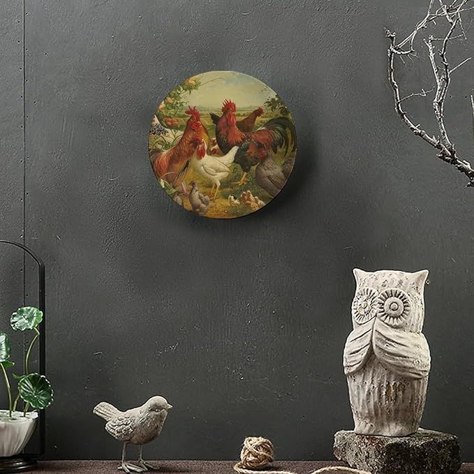 Rooster Decorative Plate Holder, 8 Inch, Rooster Hen Chick White Chicken Gathering Round Display Plate, Decorative Plates with Stand, for Home Kitchen Bedroom Decorative Ornaments