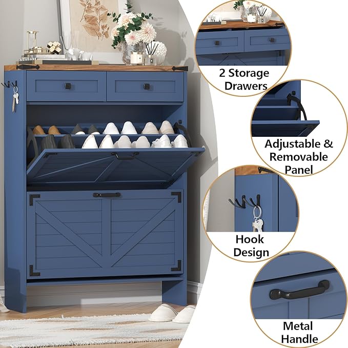 Shoe Cabinet with 2 Flip Drawers and Deodorizing Function, Hidden Shoe Storage Cabinet with 2 Pull-out Drawers, Farmhouse Shoe Organizer for Entryway, Narrow Shoe Rack for Front Door Entrance, Blue