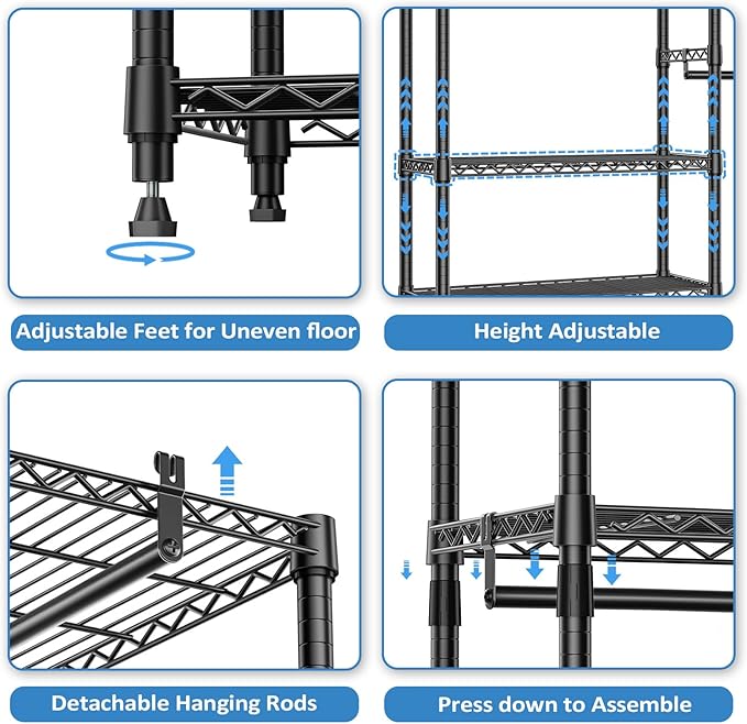 IZEUK Heavy Duty Rolling Garment Rack Wire Clothes Rack for Hanging Clothes (Black, 3 composition, 15.7" D x 70.8" W x 76.5" H)