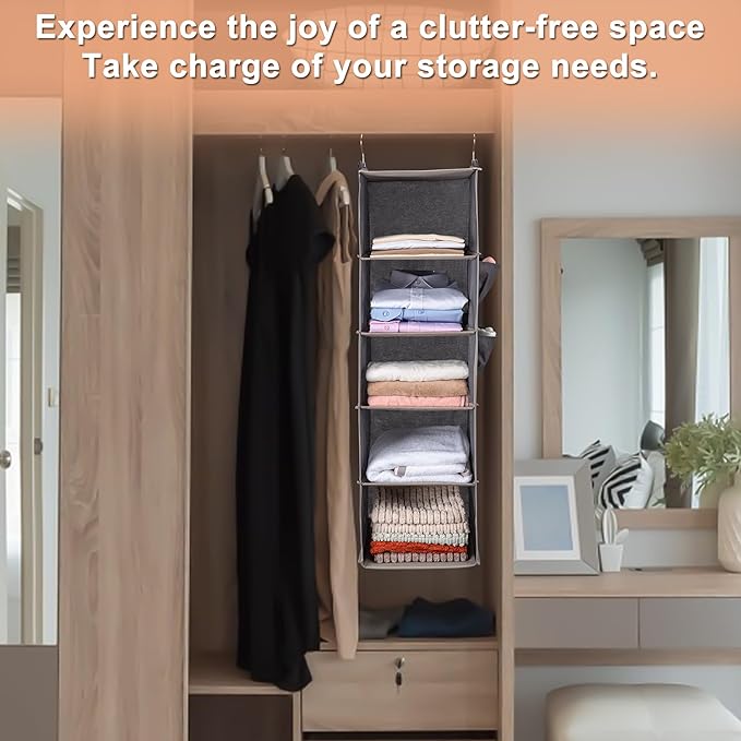 BOOMIBOO Hanging Closet Organize and Shelves，5-Hanging Shelf with 2 Side Pockets，Storage Foldable （Blue）