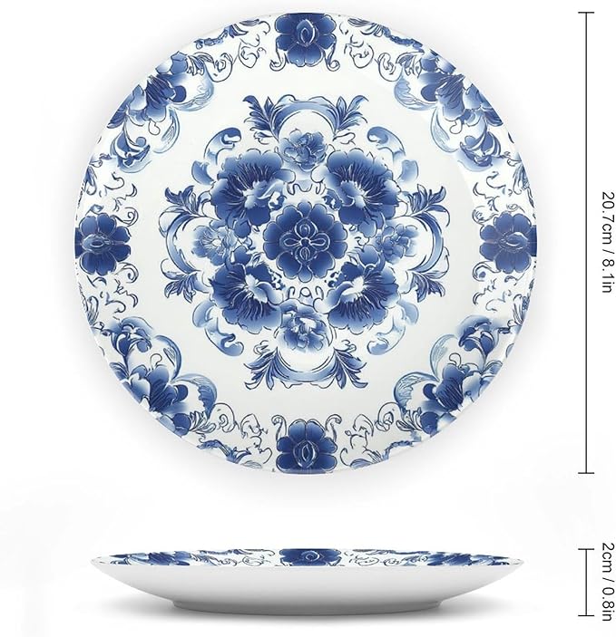 Blue and White Pottery Ceramic Decorative Plate, Chinese Style Decorative Dish with Stand, Floral Design Bone China Decorative Plates Art Porcelain Plate for Living Room Hallway Table Decor