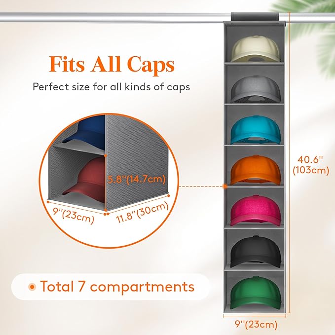 Lifewit Hat Organizer for Baseball Caps, Hat Rack Hanging Storage, Non-Woven Fabric Display Shelf Holds Up to 40 Hats, Cap Holder Hanger for Closet, Bedroom, 7 Compartments, Gray, 2 Pack