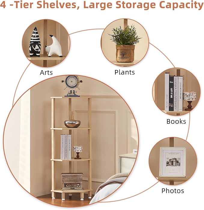 YUFAM 4-Tier Corner Shelf with Sturdy 5-Leg Base, Wooden Corner Bookshelf for Small Spaces, Corner Standing Shelf for Living Room, Bedroom, Bathroom, Natural