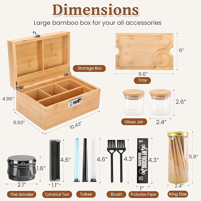 Large Bamboo Storage Box with Lock, Removable Tray, Glass Jars & Accessories, Elegant Wooden Household Organizer, Home Decor Gift Set