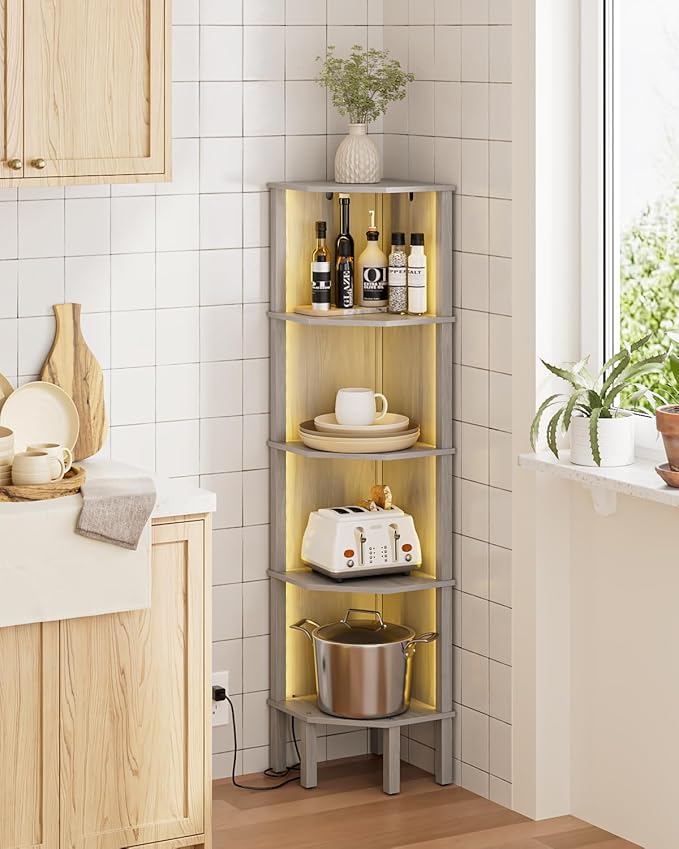 Corner Shelf Stand, 5 Tier Corner Bookshelf,Corner Furniture for Bedroom Display Corner Shelf for Small Space,Wood Shelves with Storage Rack for Living Room,Office,Gray