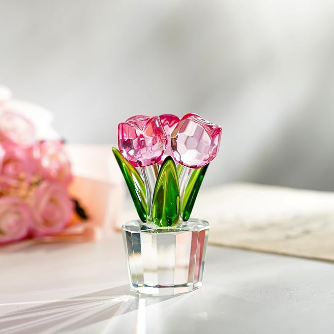 3.2 * 2in Crystal Pink Rose Flower Figurine Romantic Gifts for Wife Girlfriend Mom on Birthday Wedding Home Decorations