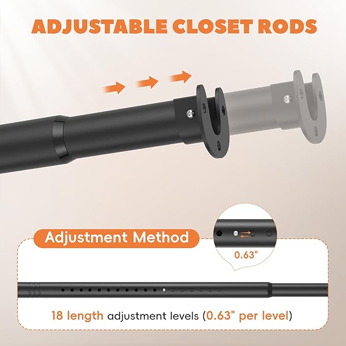 Closet Rod 17-39 Inches, Adjustable Heavy Duty Metal Black Closet Rods for Hanging Clothes 1.3 Inches Diameter for Wardrobes Laundry