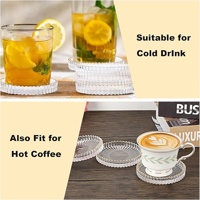 Set of 5 Modern Clear Coaster, Glass Coasters for Drinks, Crystal Coasters Round Cup Mat, Coffee Table Decor for Office, Kitchen, Bar, Dining Room, Living Room, Patio (Clear with Gold Rim)