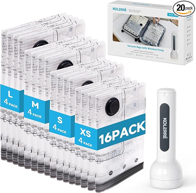 16 Pack Travel Vacuum Bags with Upgraded Rechargeable Pump, 4 Sizes Space Saver Vacuum Storage Bags for Luggage and Suitcase, Compression Bags for Packing, Vacuum Seal Bags for Clothing Travel