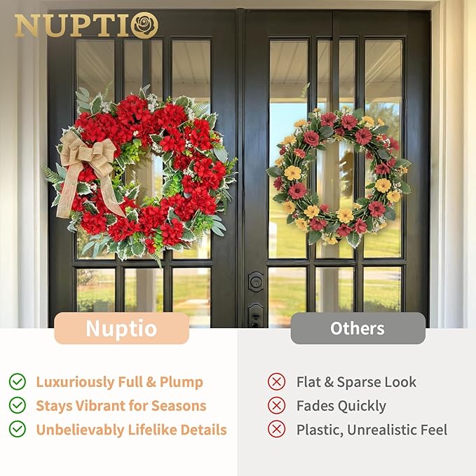 NUPTIO Geranium Wreath for Front Door: 24 Inch Summer Red Patriotic 4th of July Wreaths with Greenery Bow Hanger - Outdoor Realistic Artificial Silk Flower Spring Decor for Wall Window Porch Farmhouse