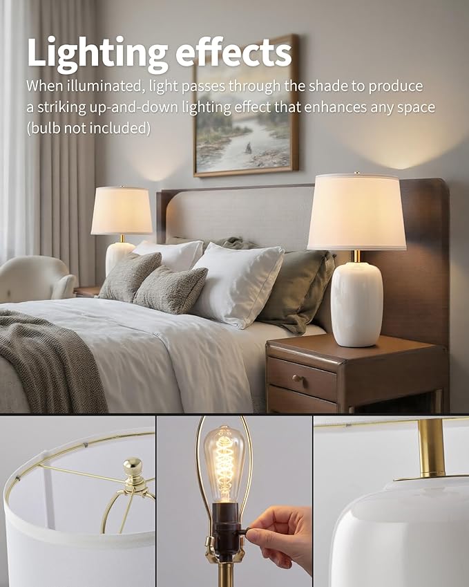 PUSU 22 Inch White Ceramic Table Lamps Set of 2, Fabric Lampshade Living Room Office Desk lamp, E26 Socket Rotary Switch Lighting for Bedroom, Nightstand, Reading, Office, Study, Corner, Home Decor