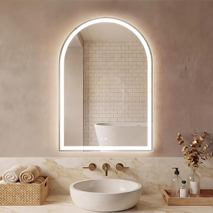 Sweetcrispy 24“x 36” LED Bathroom Backlit Mirror with Lights, Arched Vanity Mirrors with Anti-Fog, Dimmable, 3-Color Light, Memory Function, Tempered Glass