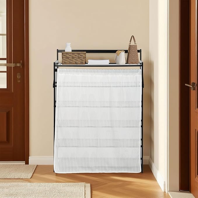 Easy Install Wooden Shoe Rack with Privacy Curtain - 6-Tier Foldable Shoe Storage Organizer, Unfold & Tighten to Use, Sturdy Wood Shoe Shelf for Closet Entryway Hallway Small Space