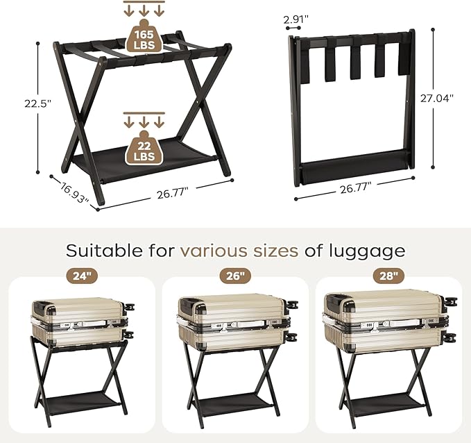 Fully Assembled Black Luggage Rack for Guest Room, Bamboo Folding Suitcase Stand with Fabric Storage Shelf, 5 Nylon Straps, Upgraded Luggage Rack Holder for Bedroom Hotel, Holds up to 165 Lbs, 1pcs